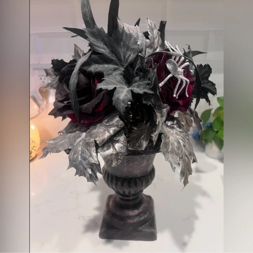 Gothic Vampire Black Red Floral Feather Rose Vase Arrangement